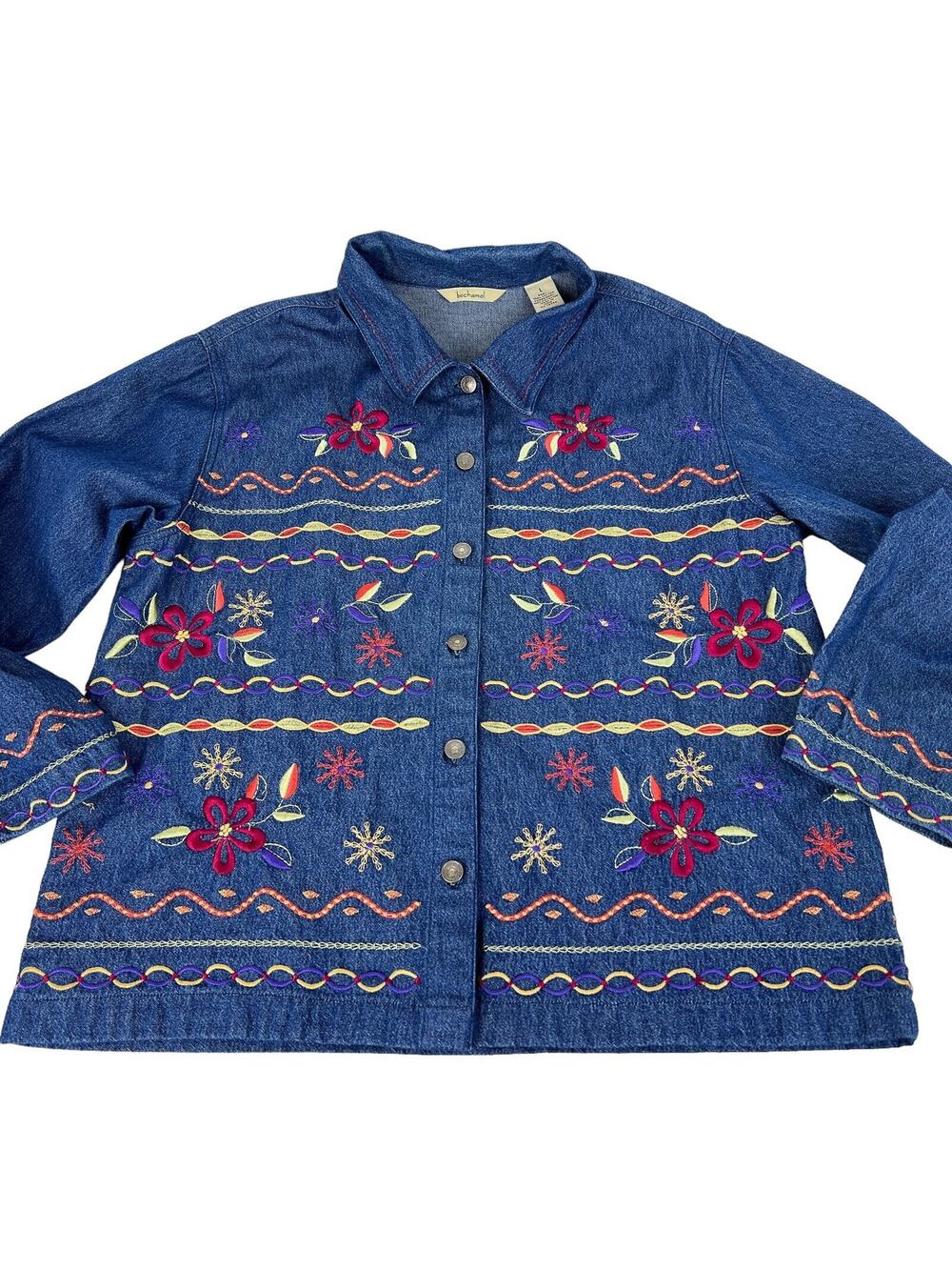 Bechamel Denim Jacket Womens Large Colorful Floral Embroidery Button Front Vtg